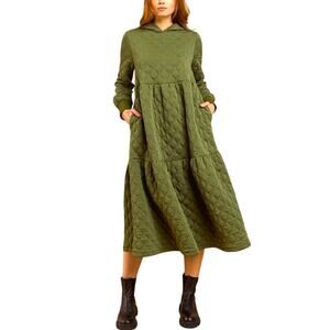 Quilted Green Maxi Dress with Hoodie and Pockets, Size Large New with Tag